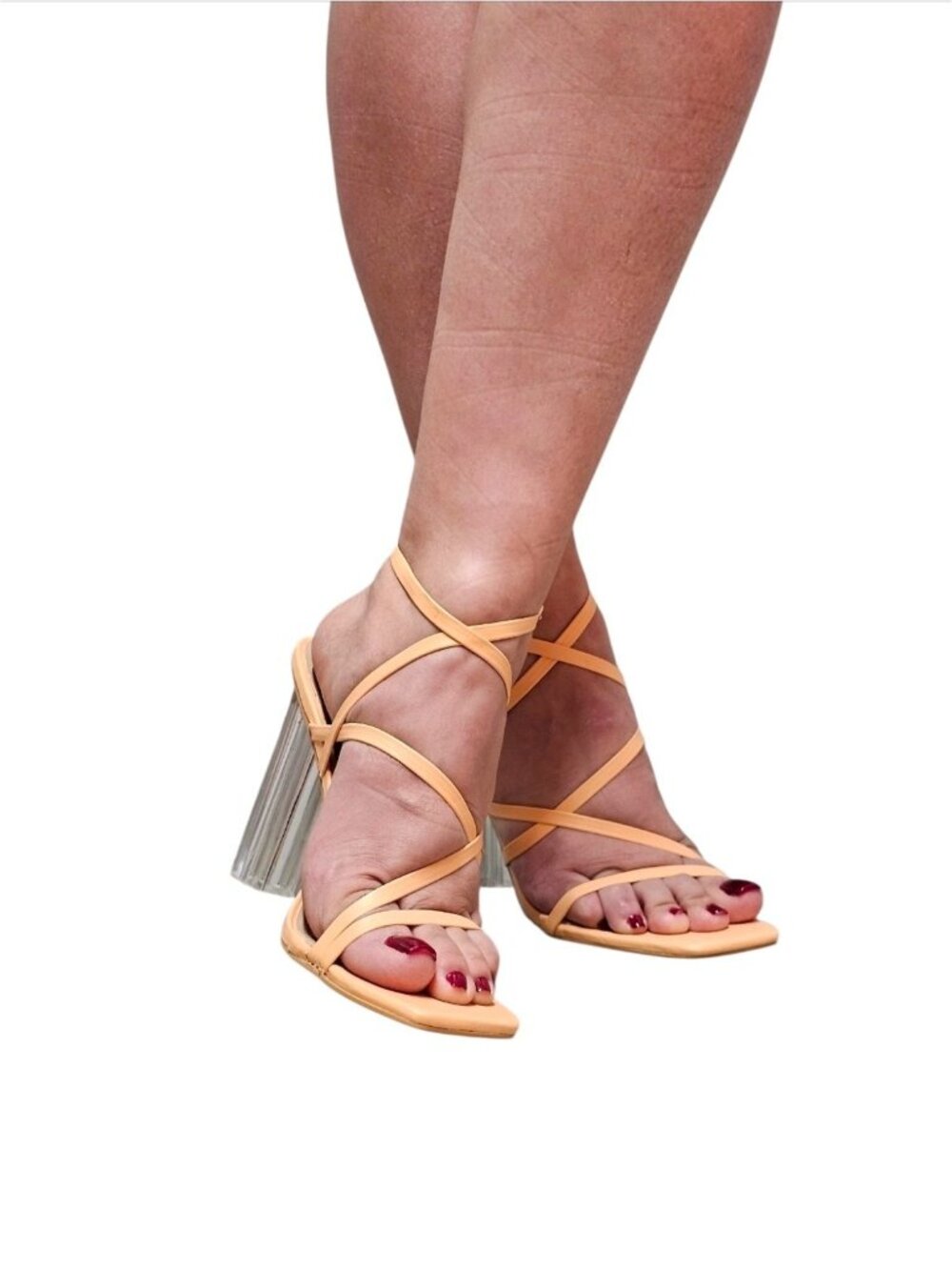 Peach Strappy Heeled Sandals With Clear Block Heel - Womens Trendy Open-Toe Desi - Picture 5 of 14